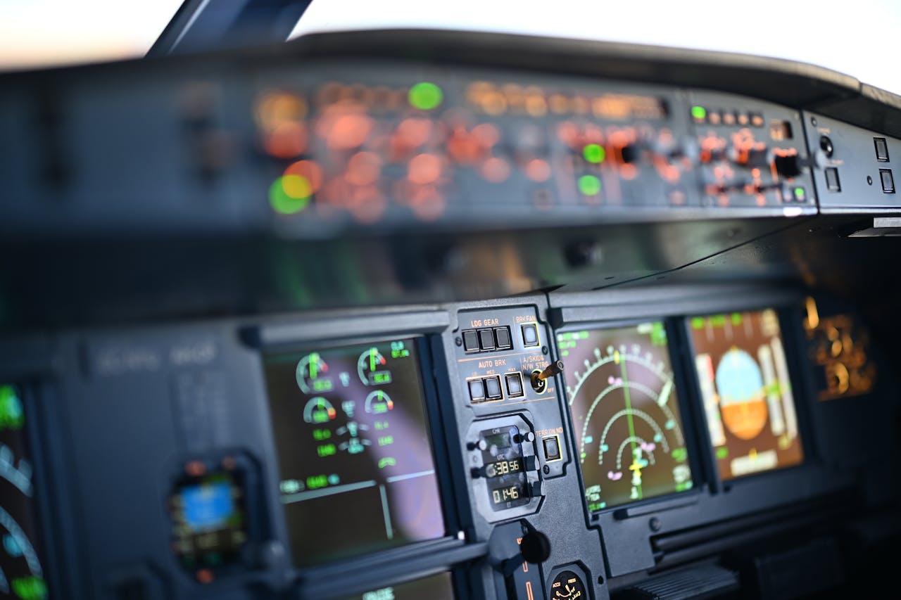 Close-up of an airplane’s dashboard